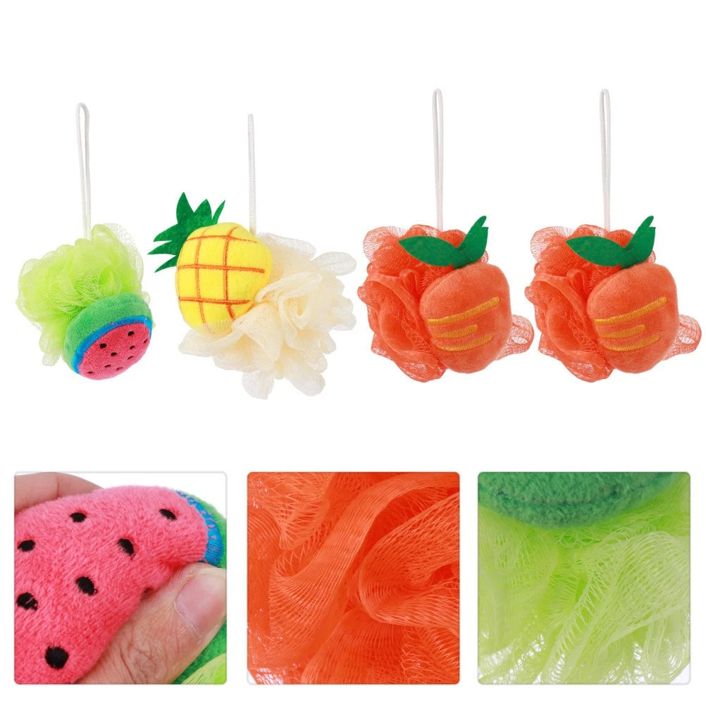 4 Pcs Mesh Bath Ball Shower Sponge Fruit Shape Exfoliating Scrubber Brush