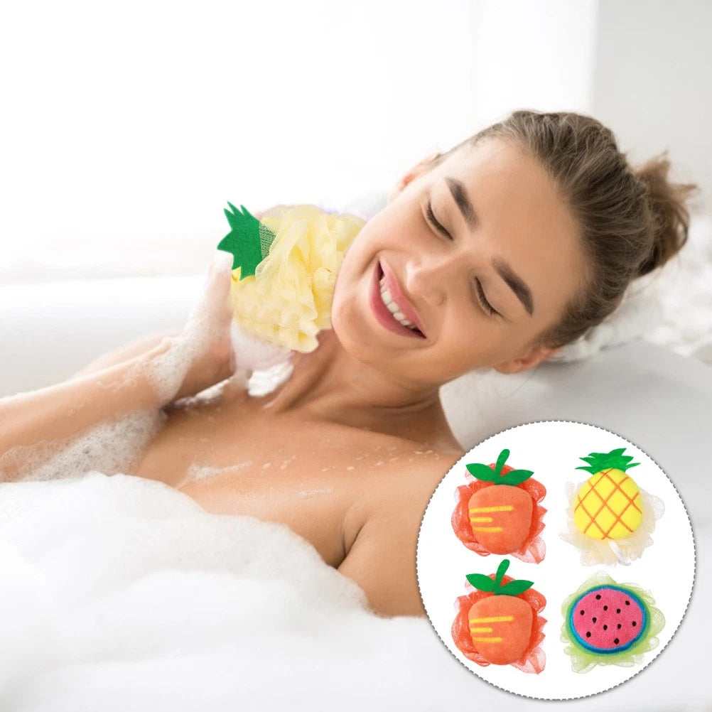 4 Pcs Mesh Bath Ball Shower Sponge Fruit Shape Exfoliating Scrubber Brush
